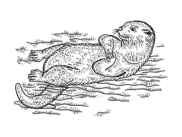 Otter está nadando em seu esboço traseiro gravura ilustração vetorial. T-shirt design de impressão de vestuário. Imitação de raspadinha. Imagem desenhada à mão preto e branco . —  Vetores de Stock