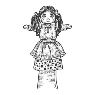 Oyma vektör çiziminde oyuncak kukla resmi var. Tişört giysisi baskısı tasarımı. Çizik tahtası taklidi. Siyah beyaz el çizimi resim.