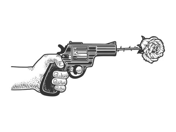 Pistolskott ros blomma pil s skiss gravyr vektor illustration. T-shirt kläder tryck design. Skrapbrädesimitation. Svart och vit handritad bild. — Stock vektor