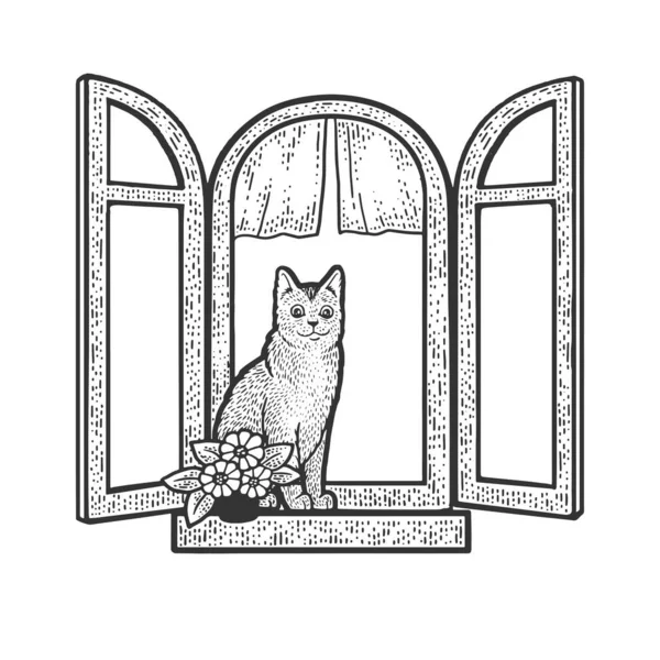 Katten sitter på fönsterbrädan skiss gravyr vektor illustration. T-shirt kläder tryck design. Skrapbrädesimitation. Svart och vit handritad bild. — Stock vektor