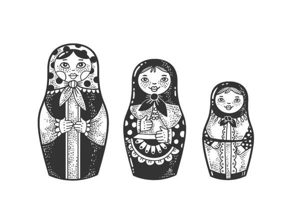 Matryoshka Russian doll sketch engraving vector illustration. T-shirt apparel print design. Scratch board imitation. Black and white hand drawn image. — Stock Vector