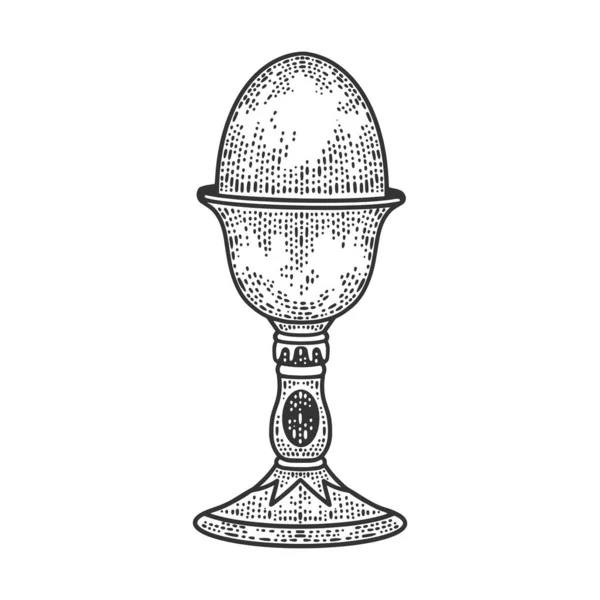 Egg on eggcup stand sketch engraving vector illustration. T-shirt apparel print design. Scratch board imitation. Black and white hand drawn image. — Stock Vector