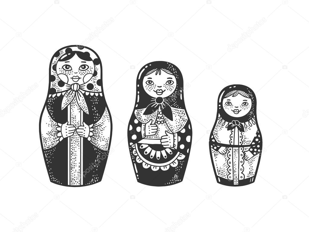 Matryoshka Russian doll sketch engraving vector illustration. T-shirt apparel print design. Scratch board imitation. Black and white hand drawn image.