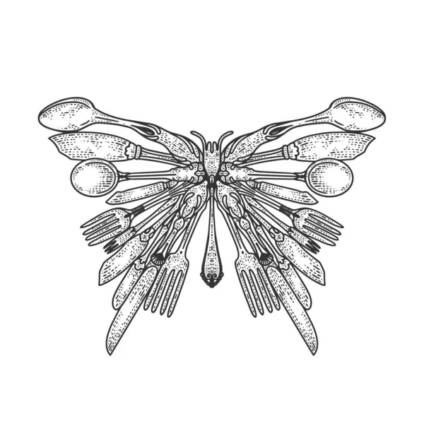 Силуэт бабочки сделан из наброска столовых приборов с гравировкой векторной иллюстрации. Дизайн одежды для футболок. Имитация Доски Царапин. Черно-белое изображение . — стоковый вектор