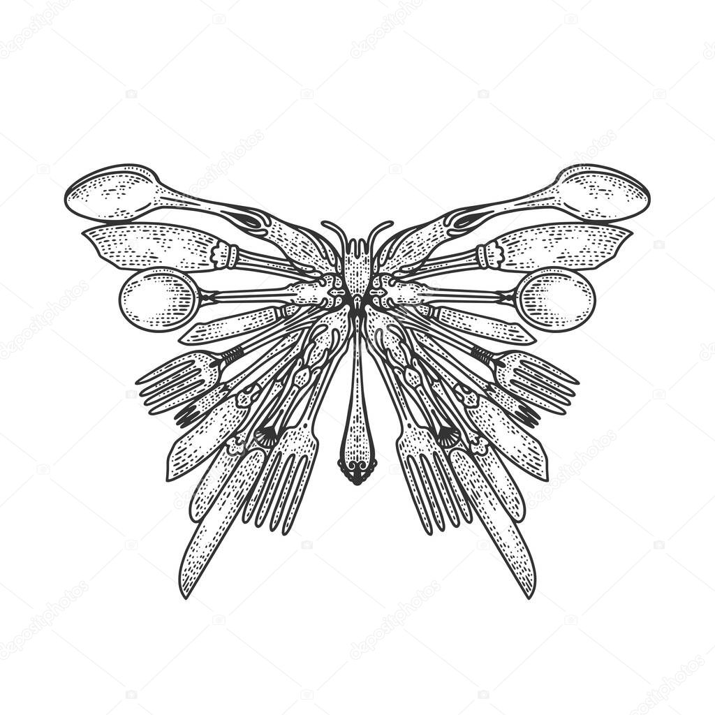 butterfly silhouette made of cutlery sketch engraving vector illustration. T-shirt apparel print design. Scratch board imitation. Black and white hand drawn image.