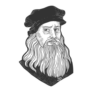 Leonardo da Vinci portre çizimi, kabartma vektör çizimi. Tişört giysisi baskısı tasarımı. Çizik tahtası taklidi. Siyah beyaz el çizimi resim.