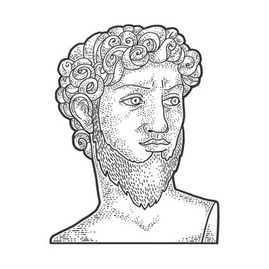 David 'in sakallı heykeli, kabartma vektör çizimi. Tişört giysisi baskısı tasarımı. Çizik tahtası taklidi. Siyah beyaz el çizimi resim.