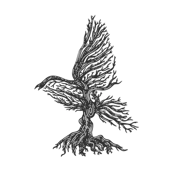 Árbol en forma de pájaro sin hojas boceto grabado vector ilustración. Diseño de estampado de ropa de camiseta. Scratch board imitación. Imagen dibujada a mano en blanco y negro . — Vector de stock