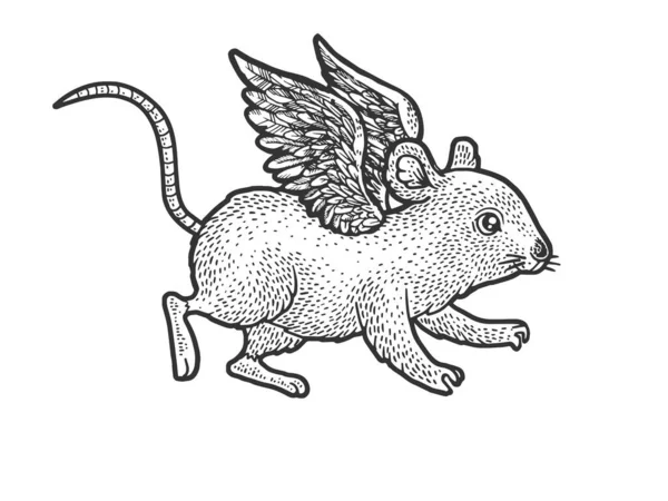 Ratón volando con alas boceto grabado ilustración vectorial. Diseño de estampado de ropa de camiseta. Scratch board imitación. Imagen dibujada a mano en blanco y negro . — Vector de stock