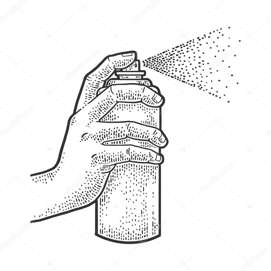 paint can in hand sketch engraving vector illustration. T-shirt apparel print design. Scratch board imitation. Black and white hand drawn image.