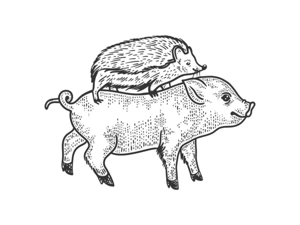 Hedgehog riding a pig sketch engraving vector illustration. T-shirt apparel print design. Scratch board imitation. Black and white hand drawn image. - Stok Vektor