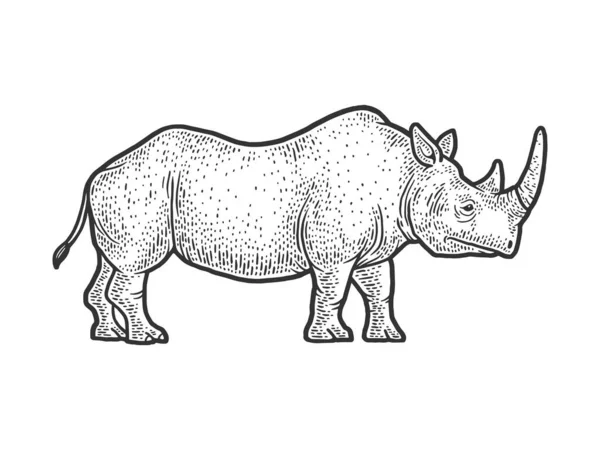 Neushoorn schets graveervector illustratie. T-shirt kleding print ontwerp. Krasplank imitatie. Zwart en wit met de hand getekend afbeelding. — Stockvector