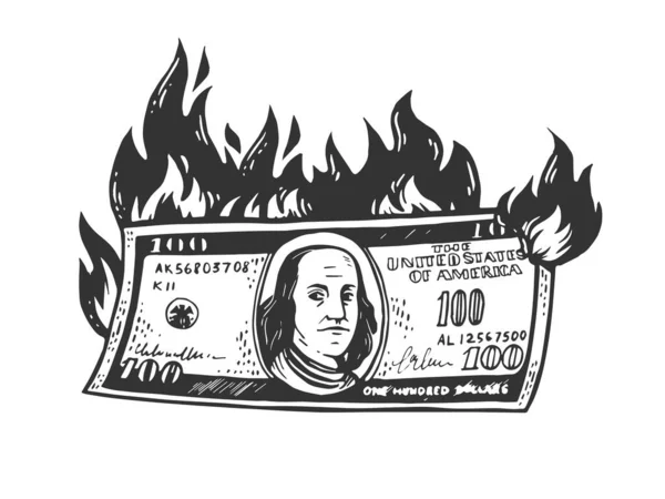 Burning dollars money sketch engraving vector illustration. T-shirt apparel print design. Scratch board imitation. Black and white hand drawn image. — Stock Vector