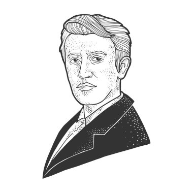 Thomas Edison 'ın portre çizimi, kabartma vektör çizimi. Tişört giysisi baskısı tasarımı. Çizik tahtası taklidi. Siyah beyaz el çizimi resim.