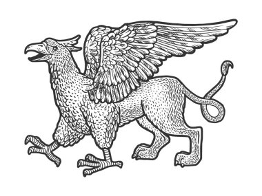 Griffin efsanevi yaratık çizimi, kabartma vektör çizimi. Tişört giysisi baskısı tasarımı. Çizik tahtası taklidi. Siyah beyaz el çizimi resim.
