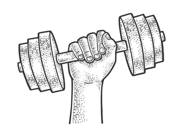 Dumbbell in hand sketch engraving vector illustration. T-shirt apparel print design. Scratch board imitation. Black and white hand drawn image. — Stock Vector