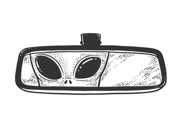 Alienígena é refletida na visão traseira do carro espelho esboço gravura vetor ilustração. T-shirt design de impressão de vestuário. Imitação de raspadinha. Imagem desenhada à mão preto e branco . —  Vetores de Stock