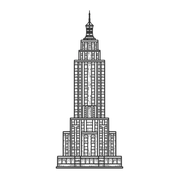 Empire State Building esboço gravura vetor ilustração. T-shirt design de impressão de vestuário. Imitação de raspadinha. Imagem desenhada à mão preto e branco . — Vetor de Stock