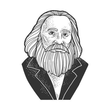 Dmitri Mendeleev portre taslağı kabartma vektör çizimi. Tişört giysisi baskısı tasarımı. Çizik tahtası taklidi. Siyah beyaz el çizimi resim.