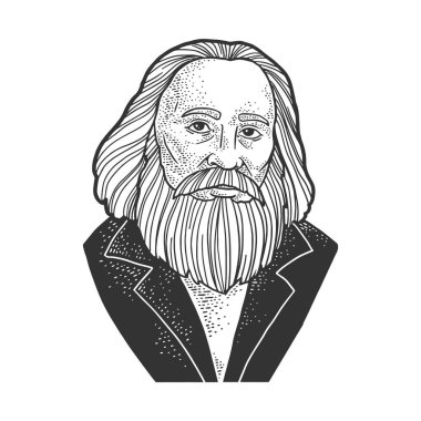 Dmitri Mendeleev portrait sketch engraving vector illustration. T-shirt apparel print design. Scratch board imitation. Black and white hand drawn image. clipart