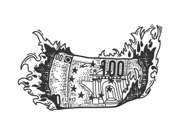Brennendes Euro-Geld Skizze Gravur Vektor Illustration. T-Shirt-Print-Design. Rubbelbrett-Imitat. Handgezeichnetes Schwarz-Weiß-Bild. — Stockvektor