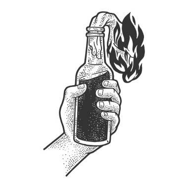 Molotov cocktail petrol gasoline bomb fire bottle sketch engraving vector illustration. T-shirt apparel print design. Scratch board imitation. Black and white hand drawn image. clipart