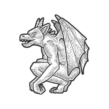 Gargoyle heykeli, kabartma vektör çizimi. Tişört giysisi baskısı tasarımı. Çizik tahtası taklidi. Siyah beyaz el çizimi resim.
