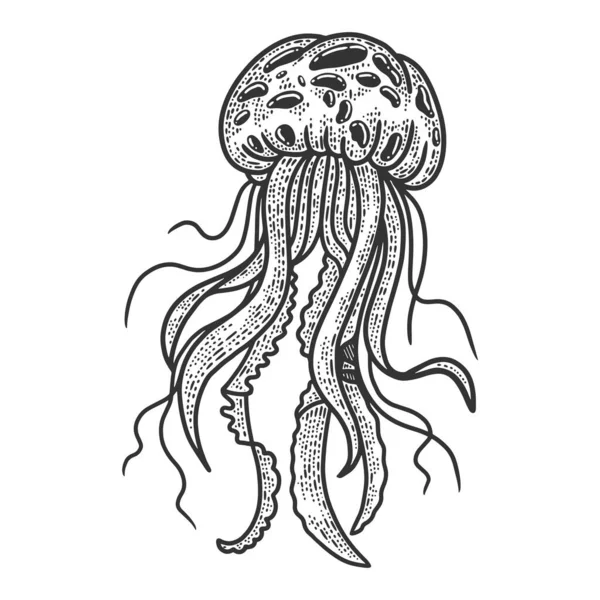 Desenho medusa gravura vetor ilustração. T-shirt design de impressão de vestuário. Imitação de raspadinha. Imagem desenhada à mão preto e branco . — Vetor de Stock
