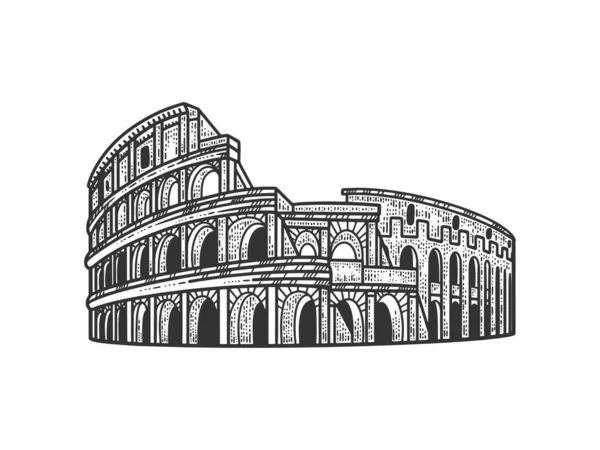Coliseo histórico Roma monumento boceto grabado vector ilustración. Diseño de estampado de ropa de camiseta. Scratch board imitación. Imagen dibujada a mano en blanco y negro . — Vector de stock