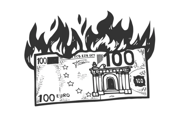 Burning Euro money sketch engraving vector illustration. T-shirt apparel print design. Scratch board imitation. Black and white hand drawn image. — Stock Vector