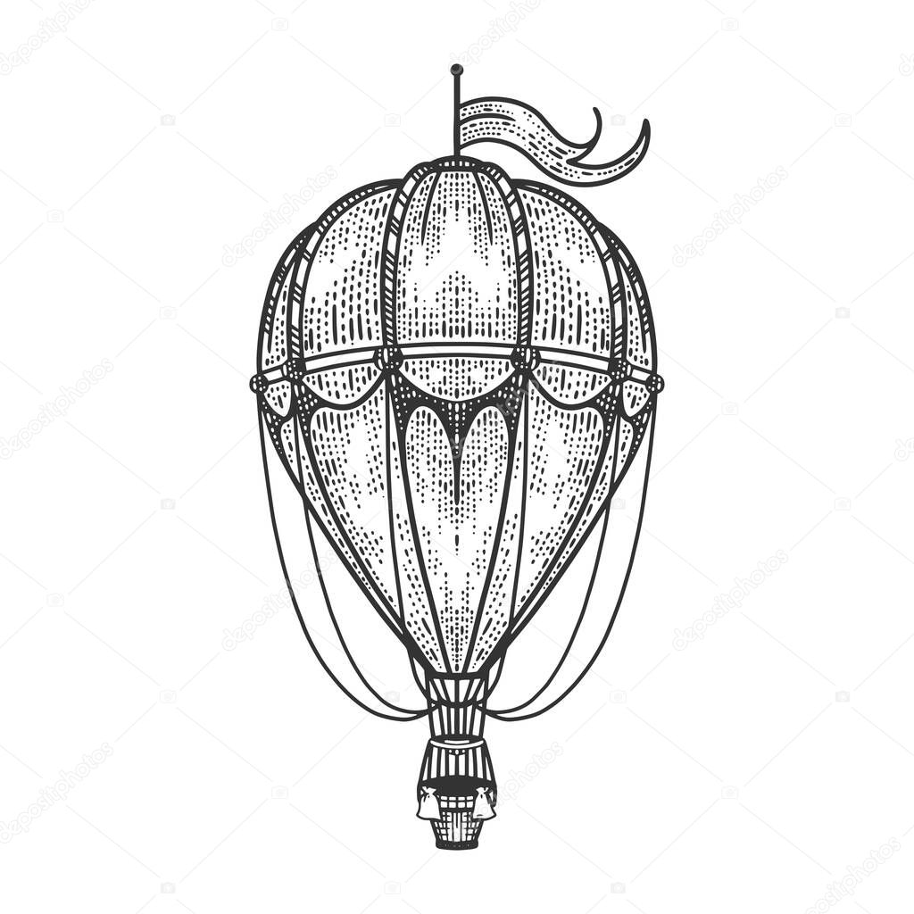 vintage air balloon transport sketch engraving vector illustration. T-shirt apparel print design. Scratch board imitation. Black and white hand drawn image.