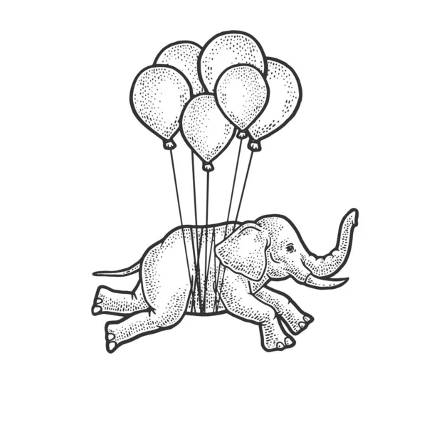 Elefante voa em balões esboço gravura vetor ilustração. T-shirt design de impressão de vestuário. Imitação de raspadinha. Imagem desenhada à mão preto e branco . —  Vetores de Stock