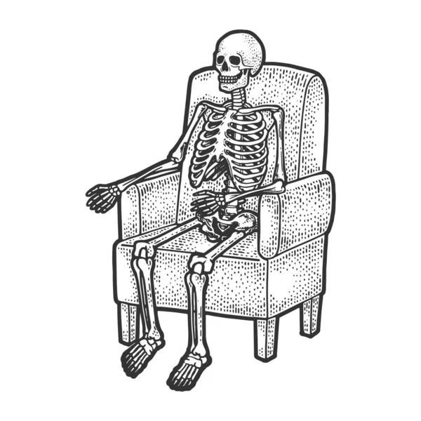 Squelette humain est assis dans le fauteuil croquis gravure vectorielle illustration. T-shirt imprimé design. Imitation de carte à gratter. Image dessinée à la main noir et blanc . — Image vectorielle