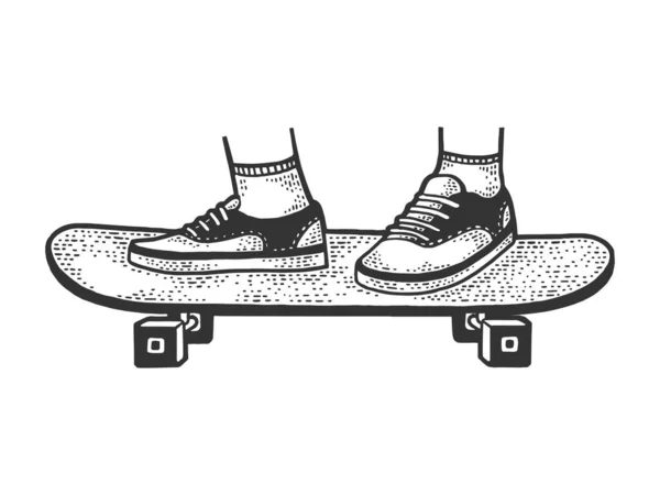 Fyrkantiga hjul skateboard skiss gravyr vektor illustration. T-shirt kläder tryck design. Skrapbrädesimitation. Svart och vit handritad bild. — Stock vektor
