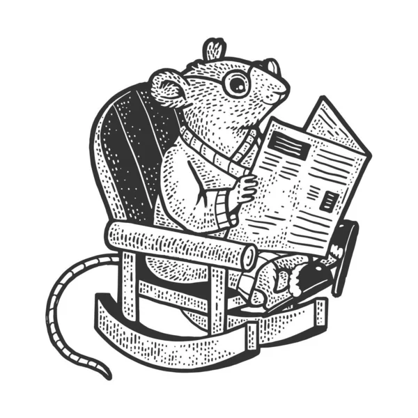Tecknad mus i badrock hemma läser tidningen i gungstol skiss gravyr vektor illustration. T-shirt kläder tryck design. Skrapbrädesimitation. Svart och vit handritad bild. — Stock vektor