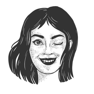 Göz kırpan genç kadın çizimi, kabartma vektör çizimi. Tişört giysisi baskısı tasarımı. Çizik tahtası taklidi. Siyah beyaz el çizimi resim.