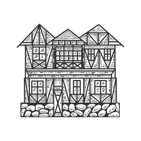 Timber framing fachwerk huis schets graveren vector illustratie. T-shirt kleding print ontwerp. Krasplank imitatie. Zwart en wit met de hand getekend afbeelding. — Stockvector