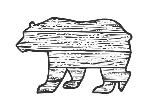 Dřevěný medvěd zvířecí silueta náčrt rytiny vektorové ilustrace. Design trička s potiskem. Stírací deska imitace. Černobílý ručně kreslený obrázek. — Stockový vektor