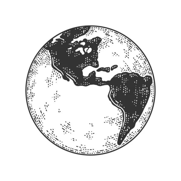 Planet Erde Globus Skizze Gravurvektorillustration. T-Shirt-Print-Design. Rubbelbrett-Imitat. Handgezeichnetes Schwarz-Weiß-Bild. — Stockvektor
