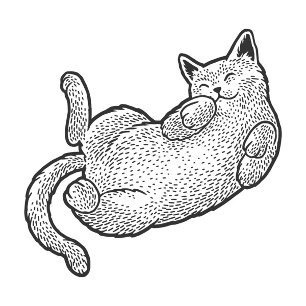 Lindo gato durmiendo en su ilustración vectorial boceto grabado espalda. Diseño de estampado de ropa de camiseta. Scratch board imitación. Imagen dibujada a mano en blanco y negro . — Vector de stock