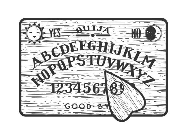 Ouija spirit talking board skizze gravur vektor illustration. T-Shirt-Print-Design. Rubbelbrett-Imitat. Handgezeichnetes Schwarz-Weiß-Bild. — Stockvektor