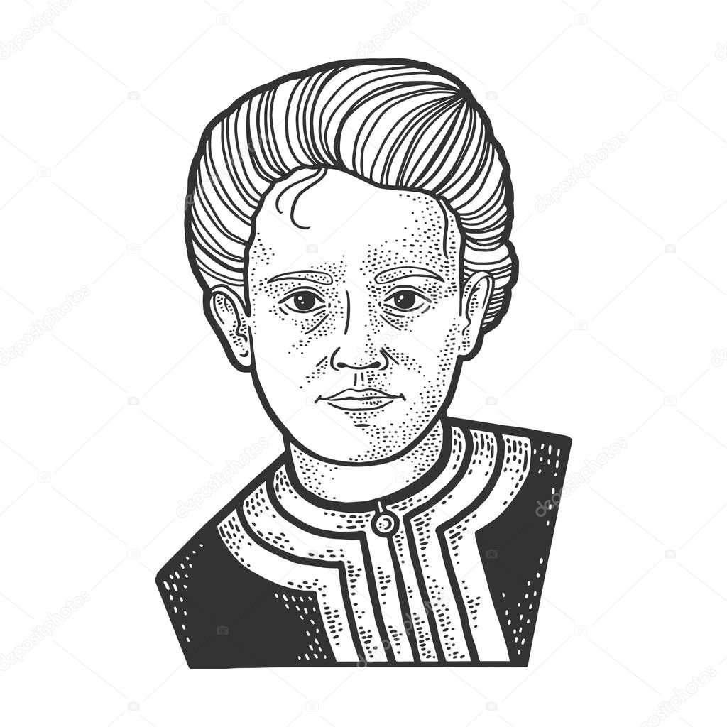 Marie Curie portrait sketch engraving vector illustration. T-shirt apparel print design. Scratch board imitation. Black and white hand drawn image.