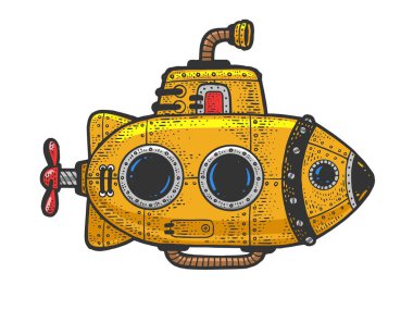 Çizgi film steampunk sarı denizaltı rengi çizimi oyma vektör çizimi. Tişört giysisi baskısı tasarımı. Çizik tahtası taklidi. Siyah beyaz el çizimi resim.