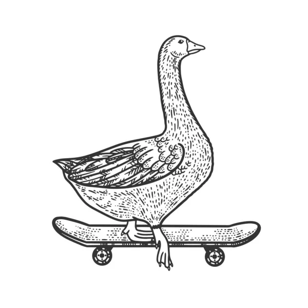 Goose rides on a skateboard sketch engraving vector illustration. T-shirt apparel print design. Scratch board imitation. Black and white hand drawn image. — Stock Vector