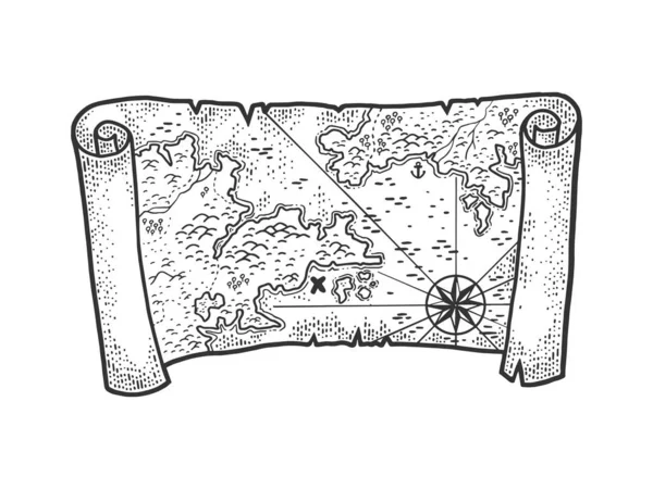 Стародавня середньовічна карта моряків ескіз гравюри Векторні ілюстрації. Дизайн футболки для друку. Імітація дошки подряпин. Чорно-біле намальоване зображення руки . — стоковий вектор