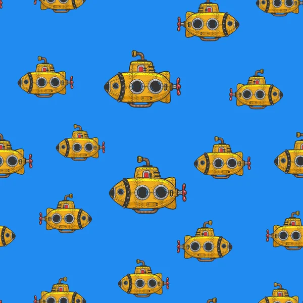 Мультяшний жовтий підводний човен безшовний візерунок фону ескіз гравіювання Векторні ілюстрації. Дизайн футболки для друку. Імітація дошки подряпин. Чорно-біле намальоване зображення руки . — стоковий вектор