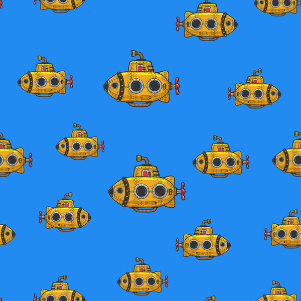 cartoon yellow submarine seamless pattern background sketch engraving vector illustration. T-shirt apparel print design. Scratch board imitation. Black and white hand drawn image.