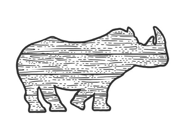Houten neushoorn dierlijke silhouet schets graveren vector illustratie. T-shirt kleding print ontwerp. Krasplank imitatie. Zwart en wit met de hand getekend afbeelding. — Stockvector