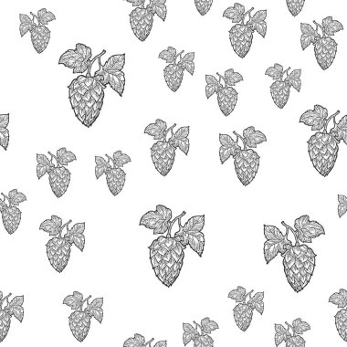 Sıçrama yaprağı birası. Kusursuz arka plan çizimi. Kabartma vektör çizimi. Tişört giysisi baskısı tasarımı. Çizik tahtası taklidi. Siyah beyaz el çizimi resim.