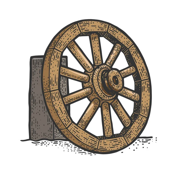 Wooden cart wheel on the side of the road color sketch engraving vector illustration. T-shirt apparel print design. Scratch board imitation. Black and white hand drawn image. — Stock Vector